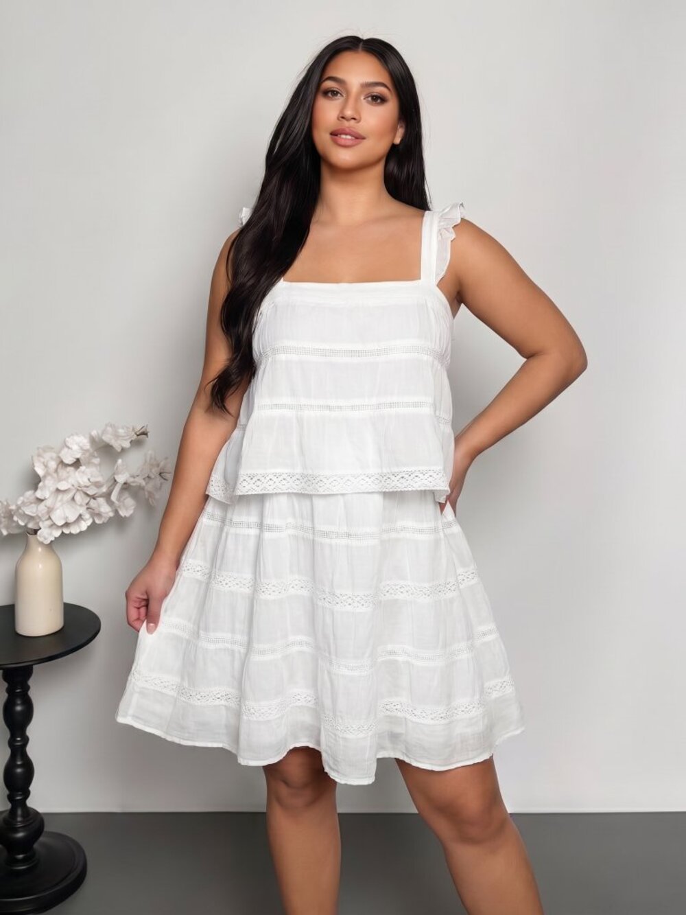 MNG Casual Eyelet Lace Tiered Mini Dress w/Ruffle Straps